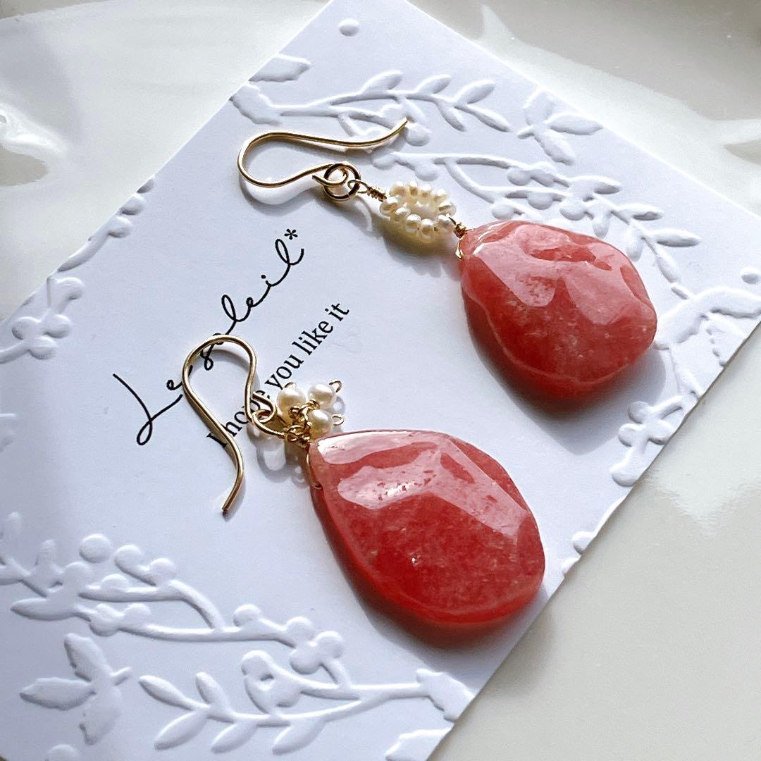 マルモ◆ラフカット✧インカローズ×淡水パールアシンメトリーピアス