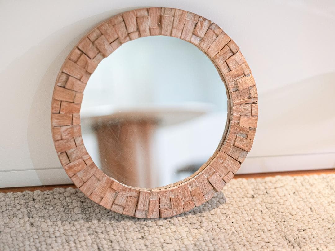 バリ島買付 木製フレーム 丸鏡 直径53cm｜ナチュラル ウォールミラー