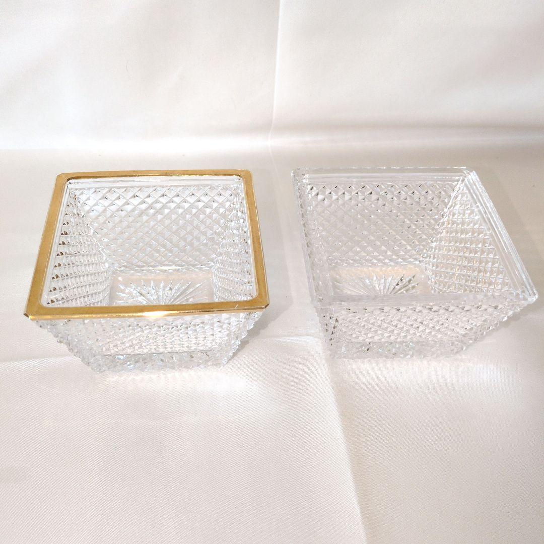 江戸切子　金彩ダイヤ文角鉢・金彩なし　2個セット