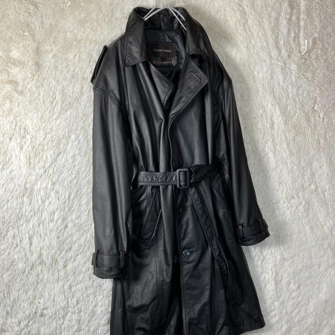 美品 D’HOMMEAHOMME レザートレンチコート 牛革 ベルト付 黒 M