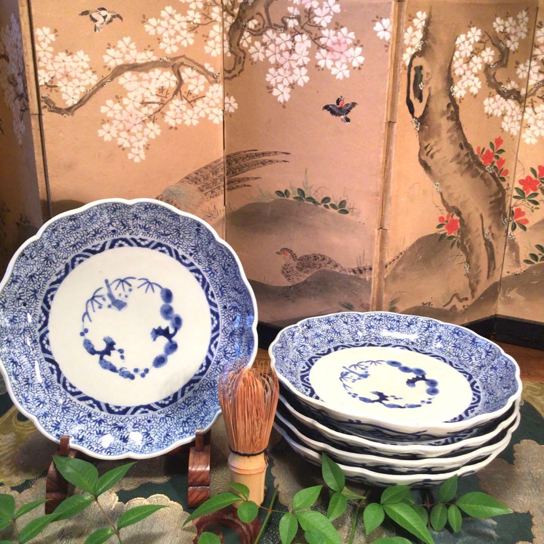 A781 古伊万里　上手　微塵唐草紋様　輪花型　7寸皿　5枚
