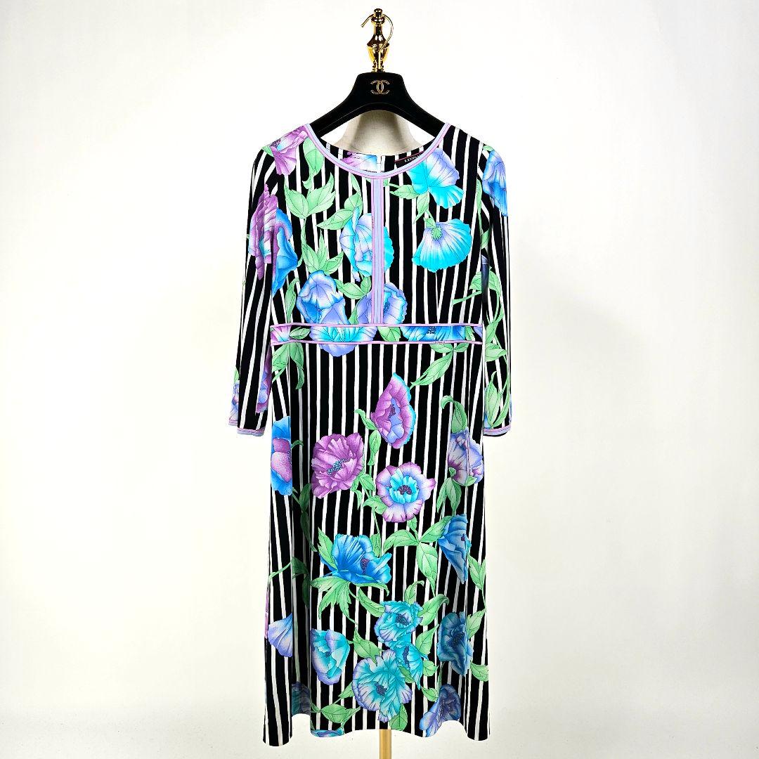 【極美品】LEONARD ストライプ フラワー柄 ワンピース 42　カンカン