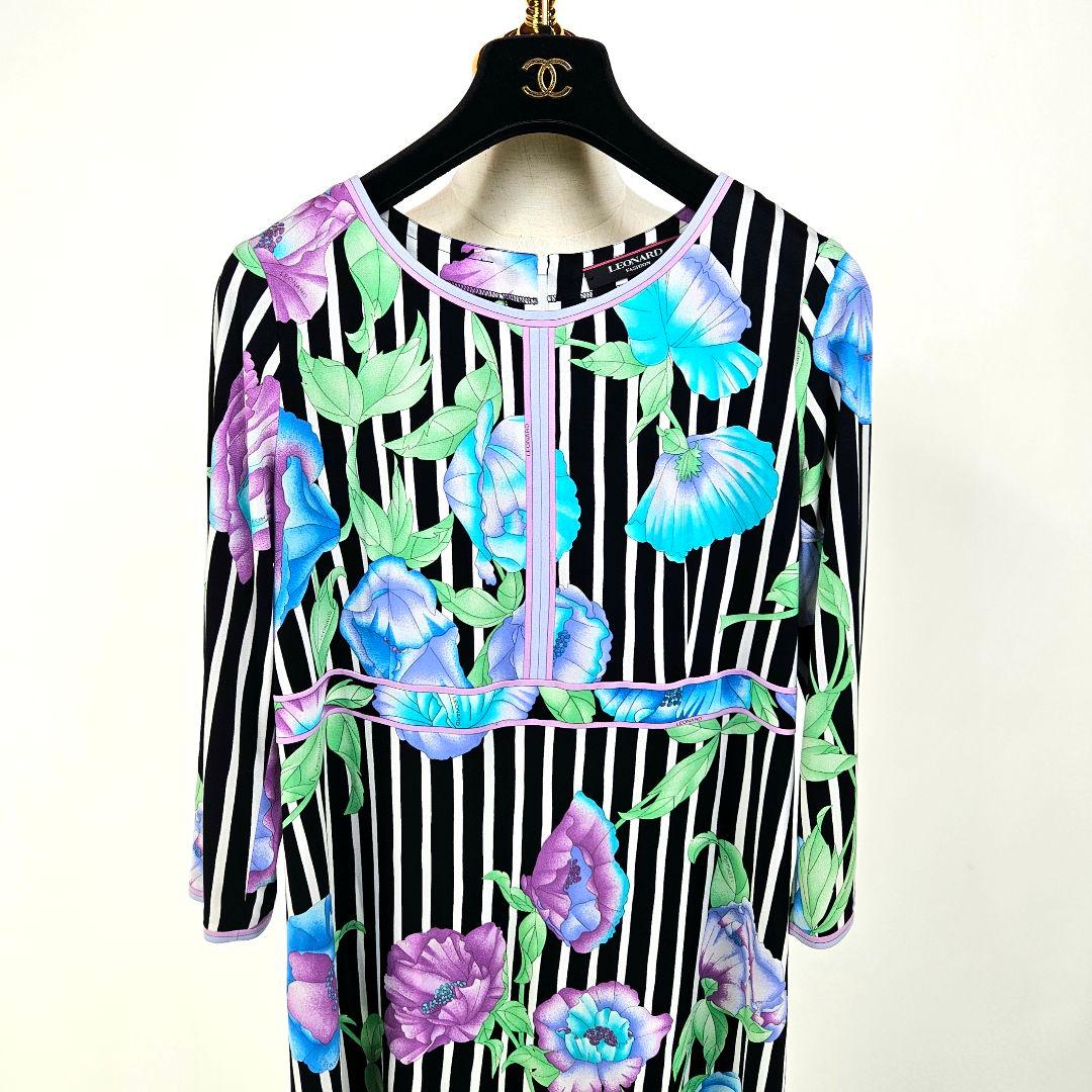 【極美品】LEONARD ストライプ フラワー柄 ワンピース 42　カンカン