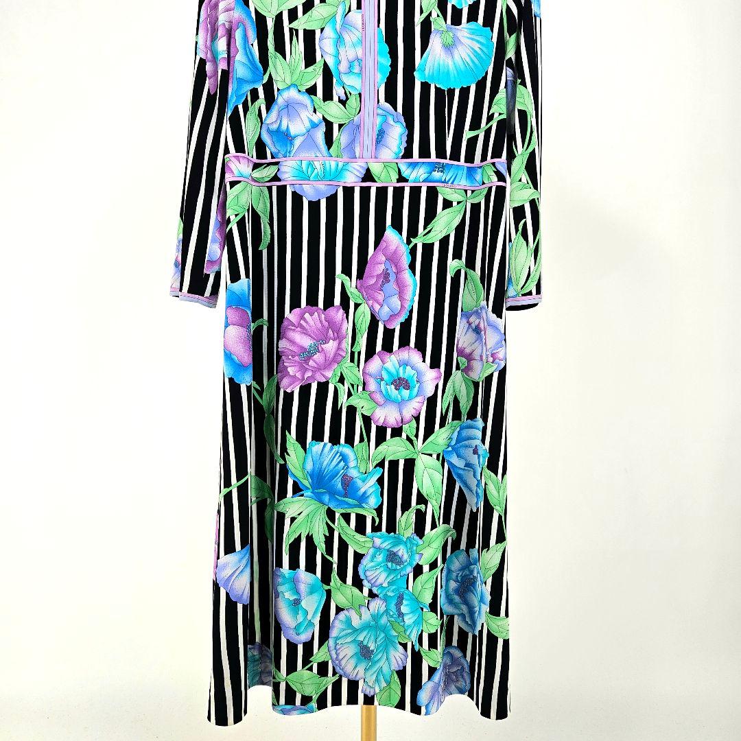 【極美品】LEONARD ストライプ フラワー柄 ワンピース 42　カンカン