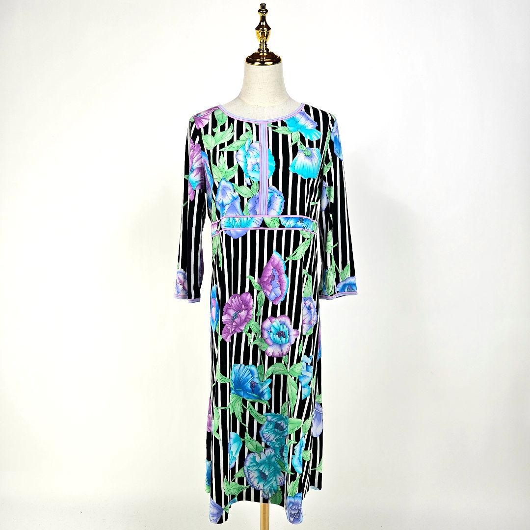 【極美品】LEONARD ストライプ フラワー柄 ワンピース 42　カンカン