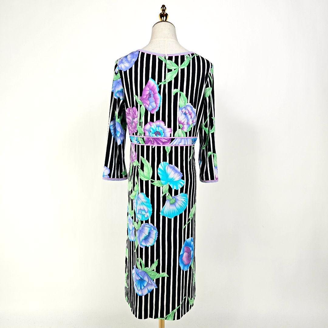 【極美品】LEONARD ストライプ フラワー柄 ワンピース 42　カンカン