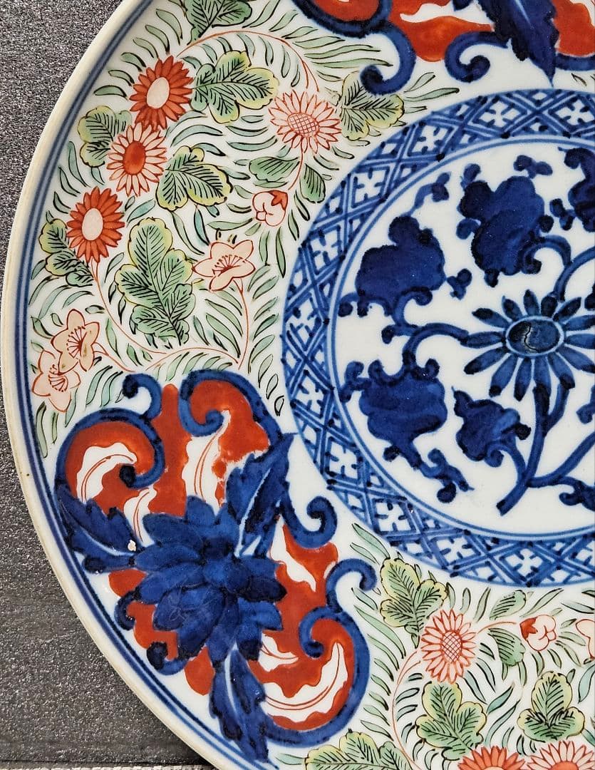 【上作品❗️】江戸時代末期～明治時代初期　古伊万里　染錦　染付色絵　花尽し文様皿