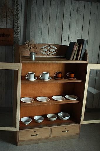 古い木枠のガラス戸棚　引き出し2杯　食器棚　水屋　キャビネット　古家具　古民家