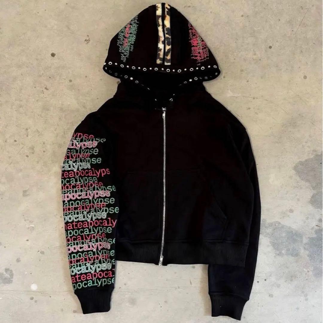 Opiumスタイル ヒョウ柄切り替え プリント×スタッズ ジップアップパーカー