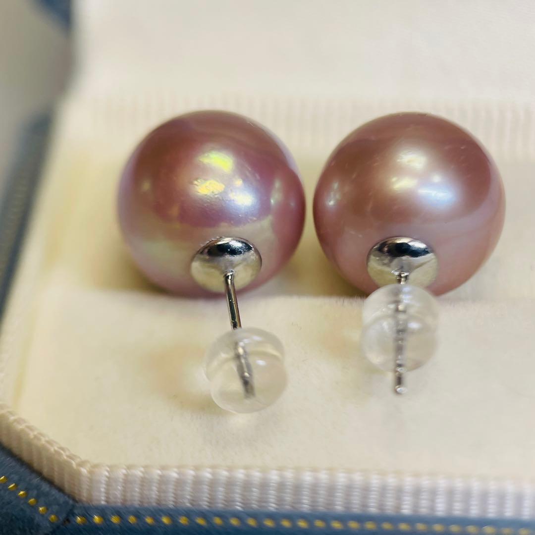 極照り 本真珠ピアス エジソンパール 超大珠 メタリック14mm 無調色 直結
