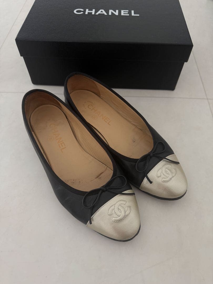 CHANEL シャネル　バレリーナ　シルバーゴールド×ブラック　コンビ　38