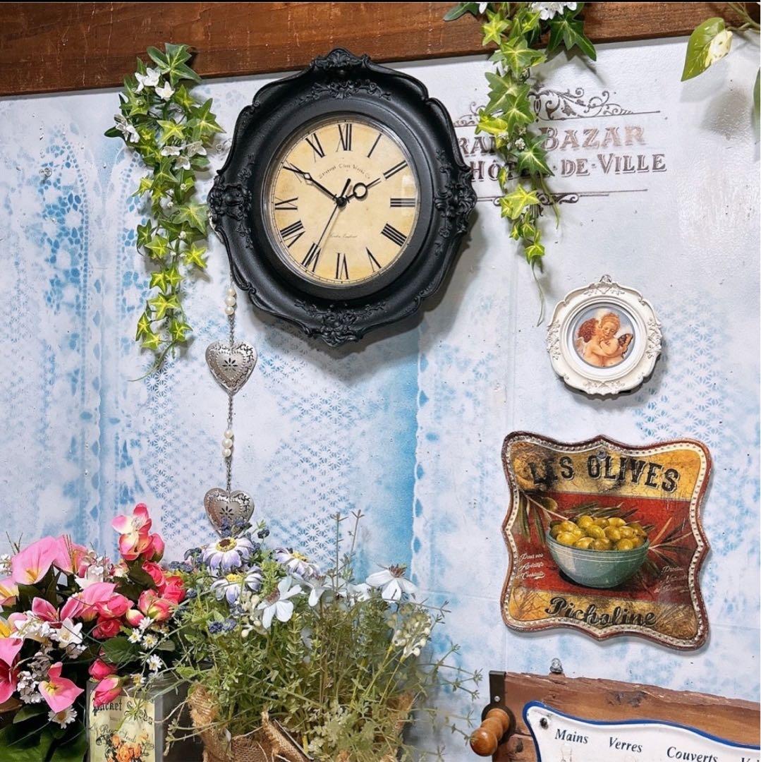 アンティーク雑貨 ロココ調 ウォールクロック（ブラック①） 壁掛け時計