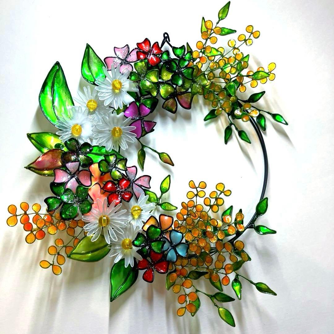 一点物　春　フラワーボタニカルリース　ワイヤークラフト　ディップアート　壁飾り