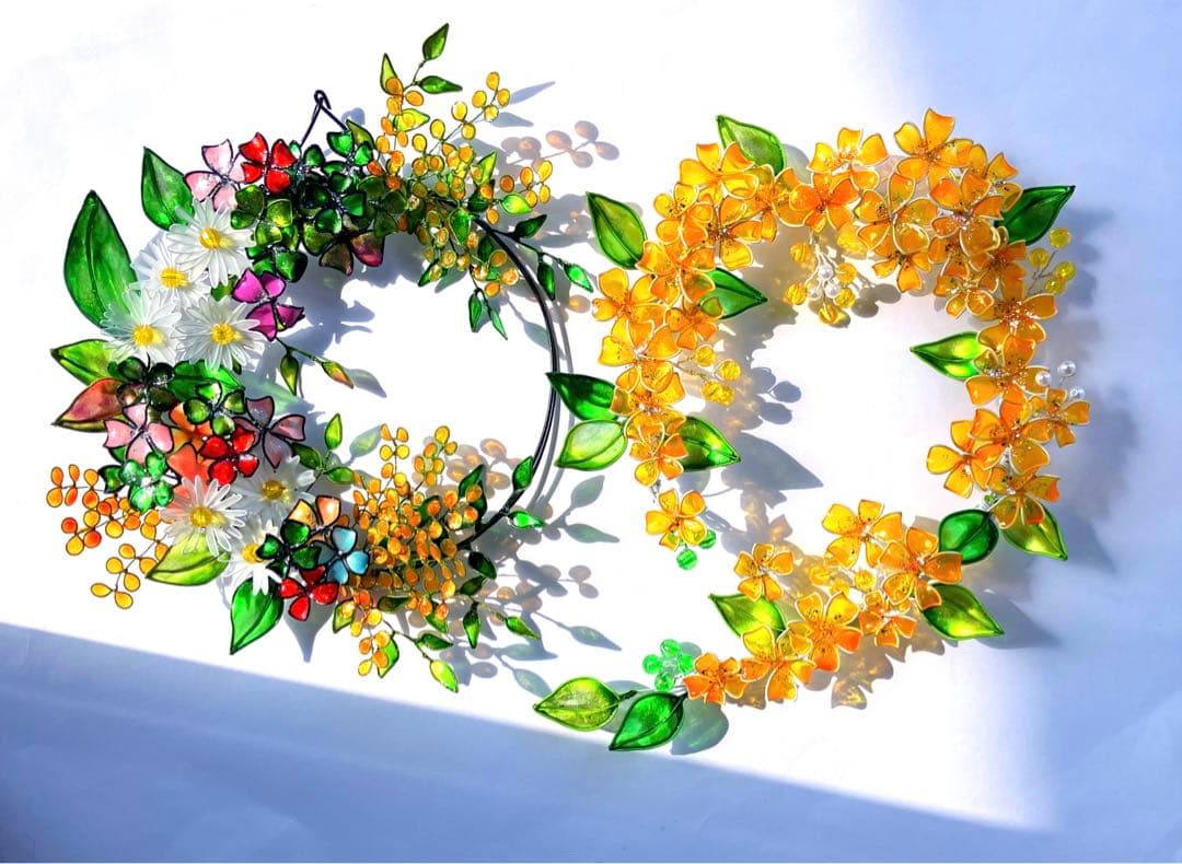 一点物　春　フラワーボタニカルリース　ワイヤークラフト　ディップアート　壁飾り