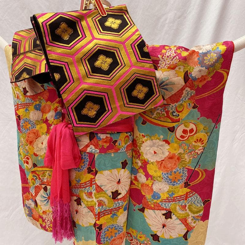 510ag25◎七五三 七歳 女児 アンティーク着物&袋帯&長襦袢 総柄◎