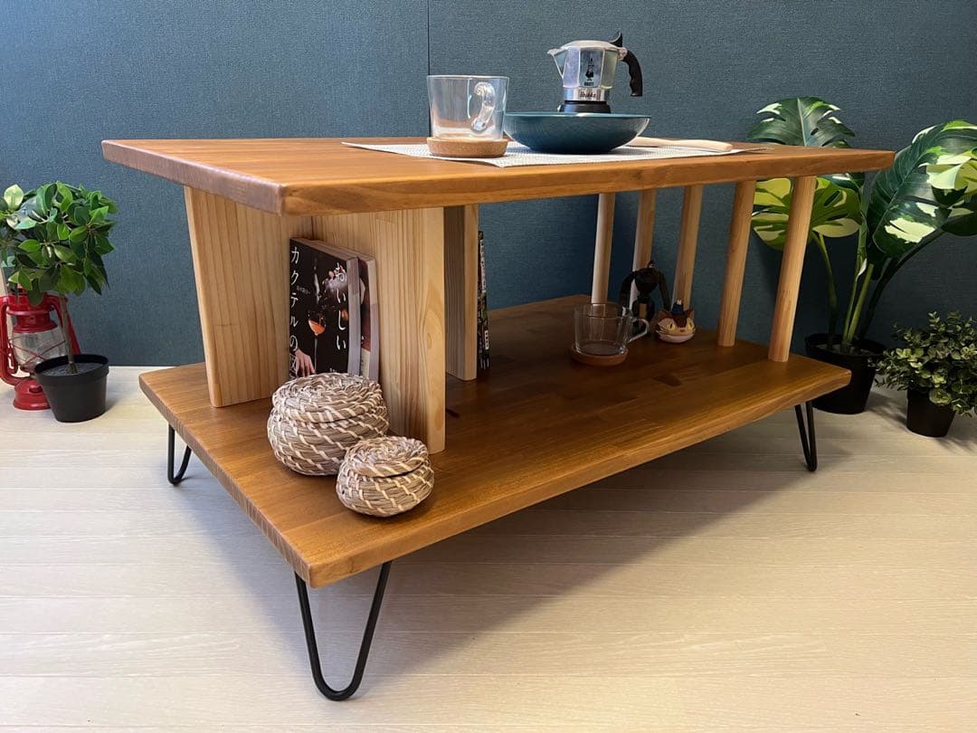 【送料無料】 ローテーブル アシンメトリー 収納付 モダン調 パイン オーク調