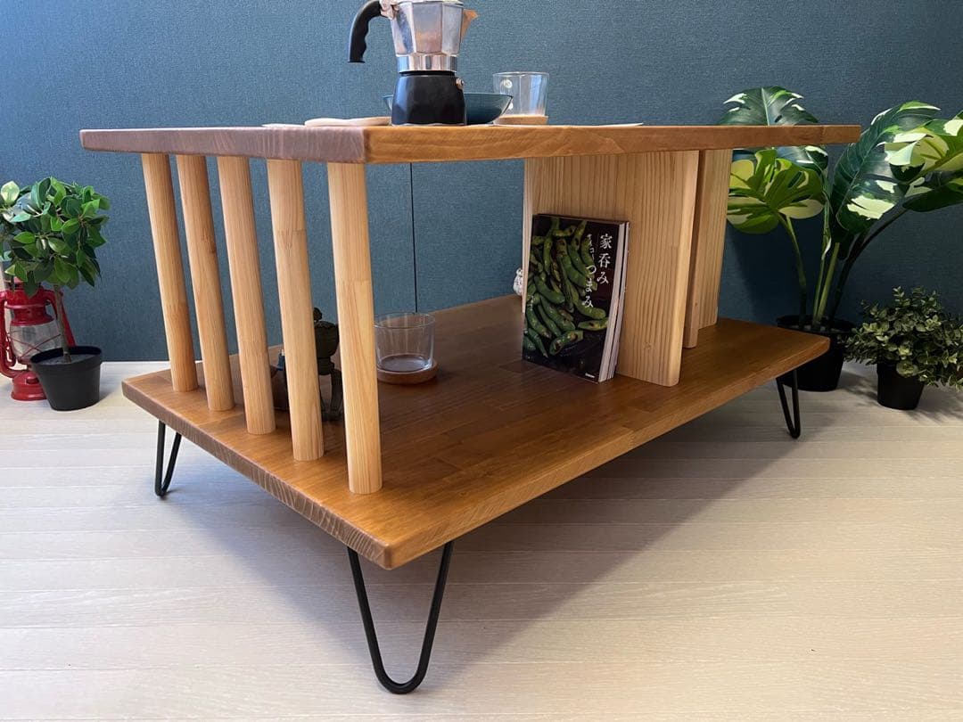 【送料無料】 ローテーブル アシンメトリー 収納付 モダン調 パイン オーク調