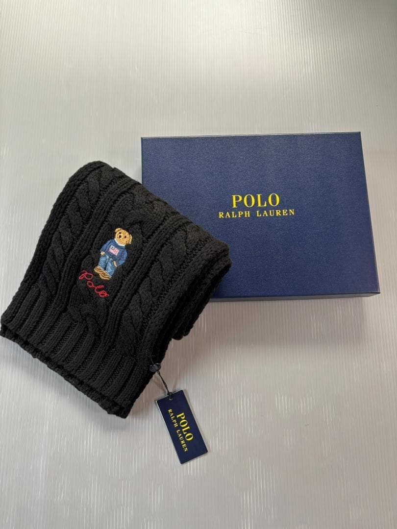 残り僅かGIFTBOX入り　新品ラルフローレンマフラー　ポロベア　編みBK