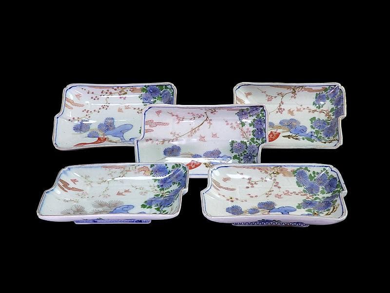 古伊万里　染錦　梅に菊　松に短冊の図　変形長皿　５客　B048AS-CWx