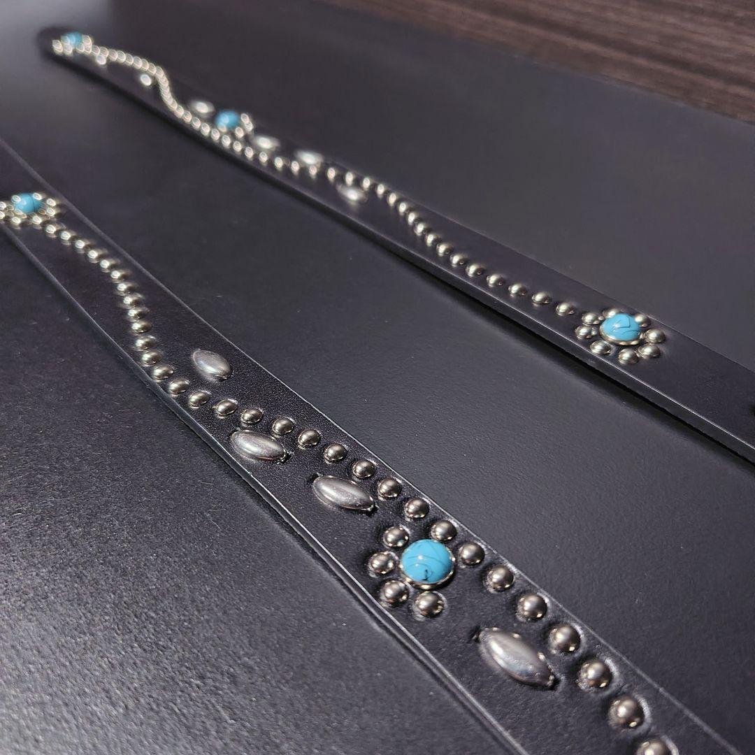 フラワーターコイズ■本革レザーフルスタッズナローベルト☆アメカジ古着ヴィンテージ