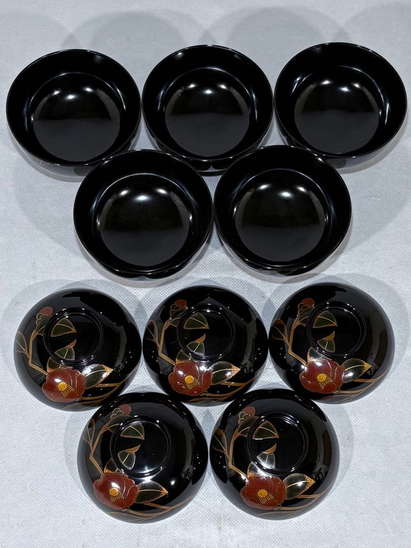 輪島塗　元岡光漆堂謹製　蒔絵師 静峰　塗師 清斉　椿蒔絵 吸物椀五客　美品　共箱