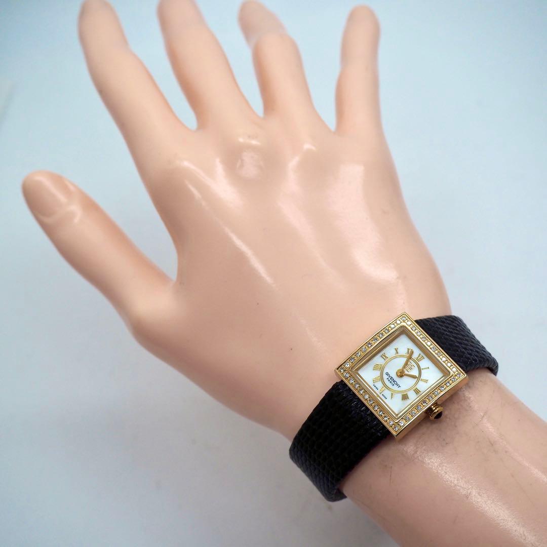 専用384 稼動【美品】GIVENCHY 時計　スクエア　ダイヤベゼル　ゴールド