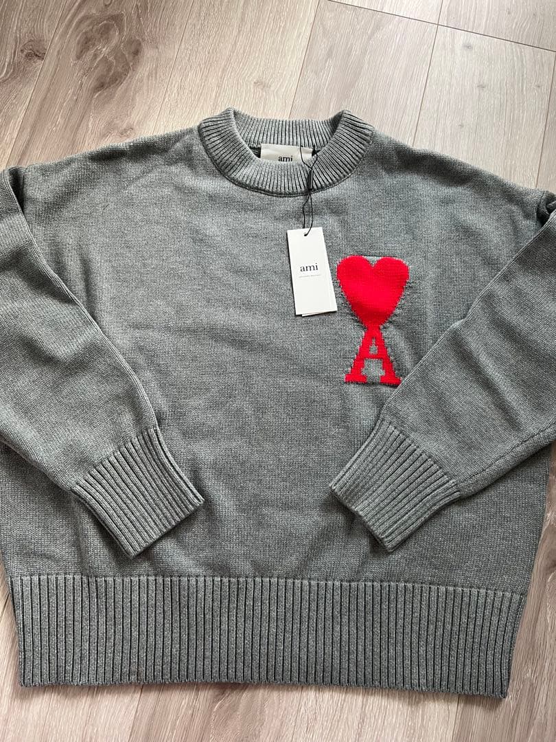Ami Paris ラウンドネック ニットセーター グレーレッドM