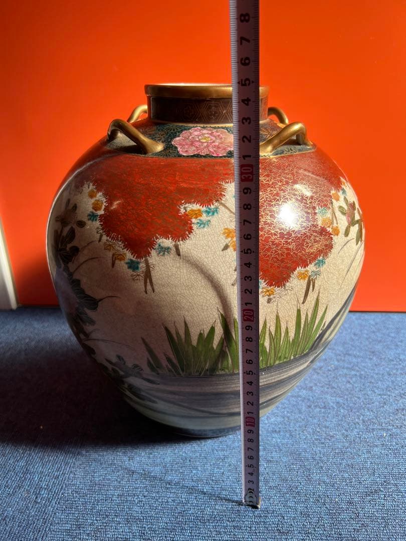 890 九谷焼 湖東 四つ耳付  花鳥　大壺 花入れ 花瓶　時代物