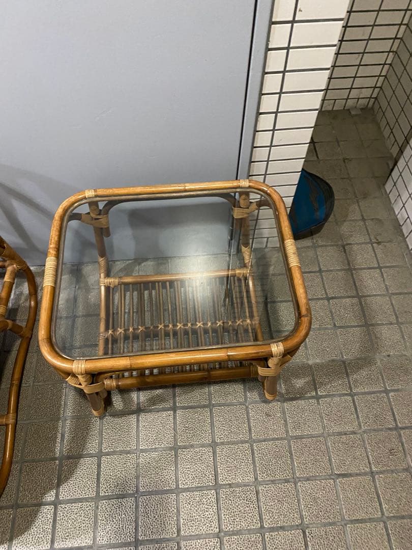 レトロ　藤　ラタン ガラステーブル