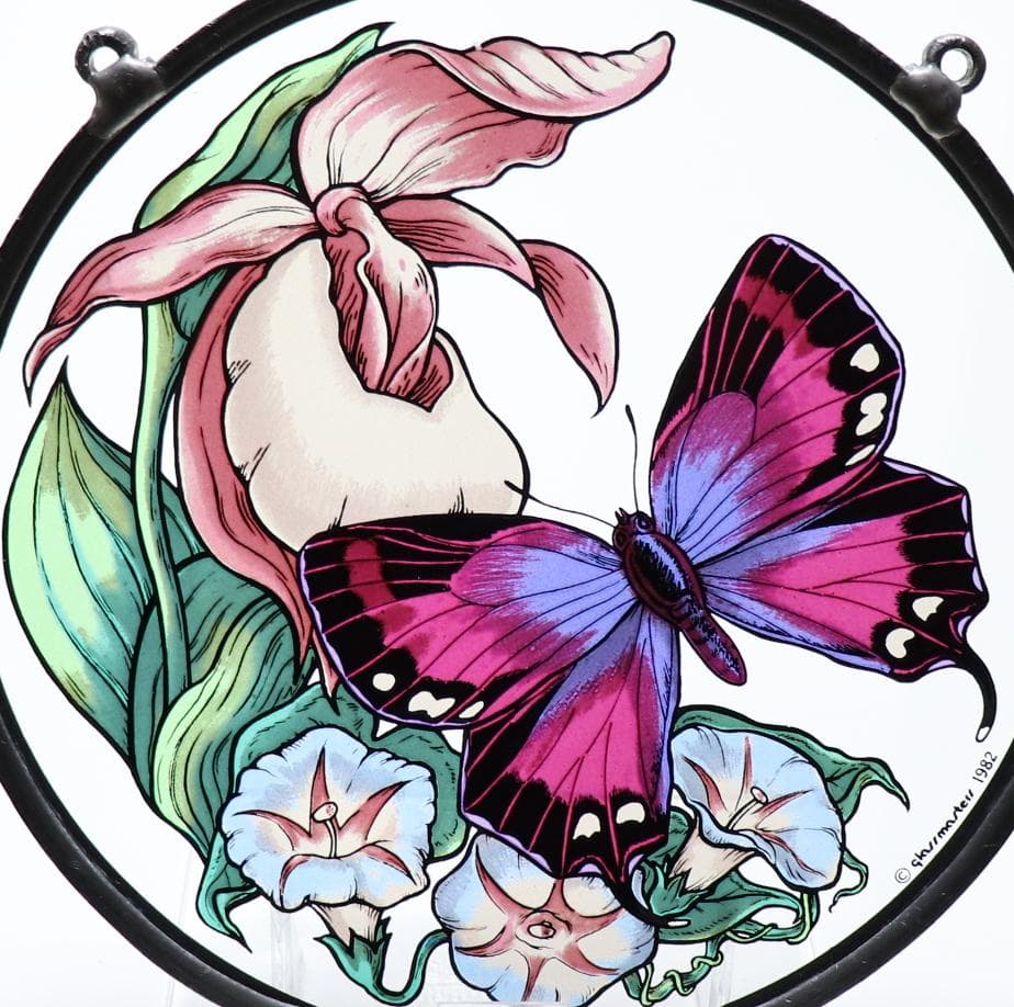 紫色の蝶と花 ヴィンテージ ステンドグラス グラスマスターズ社 バタフライ
