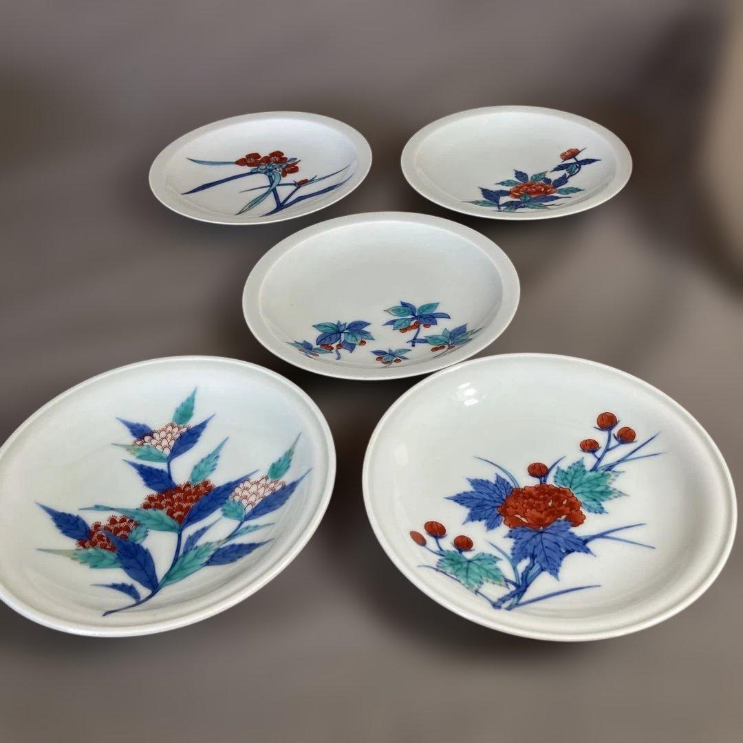 【今右衛門】色鍋島の伝統　人間国宝　十三代今泉今右衛門作　錦絵変り花絵　銘々皿揃