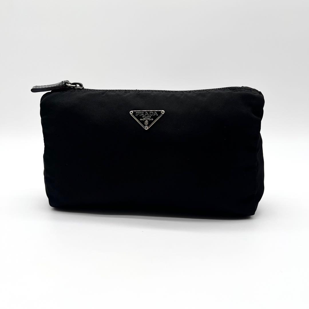 【美品】プラダ ポーチ テスートナイロン 小物入れ 化粧 ブラック 三角ロゴ
