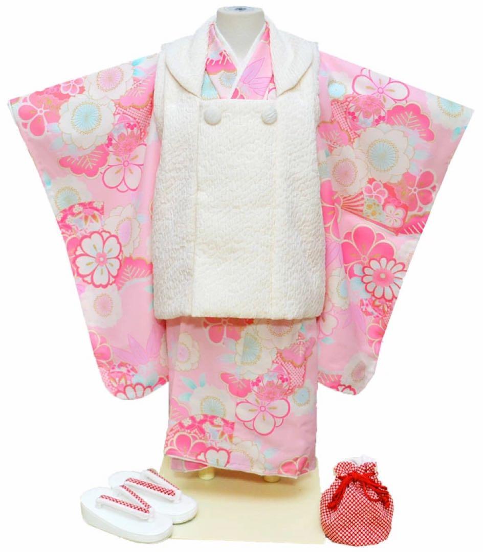 1点限り七五三 着物 3歳 女の子 被布セット 日本製 アイボリー/ピンク