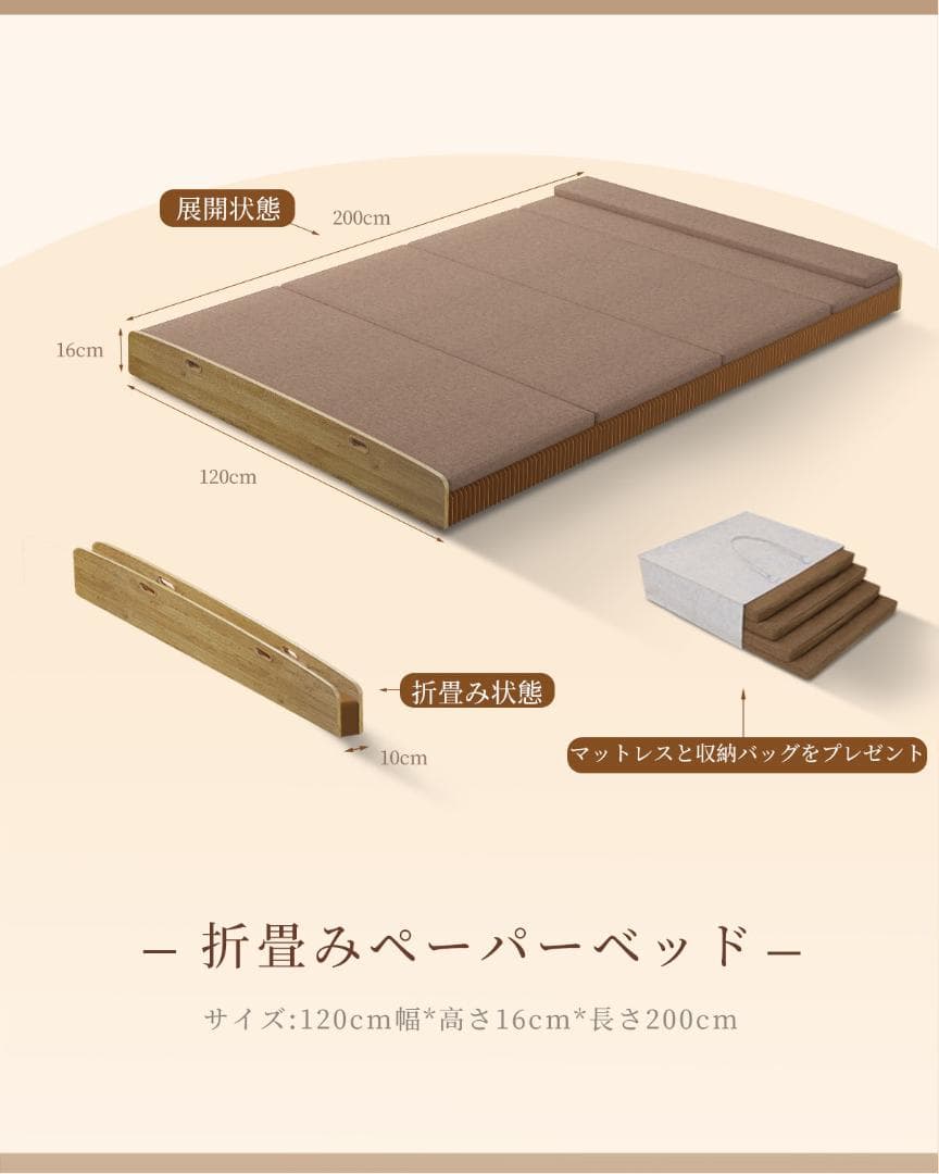 ペーパー折りたたみベッド幅120㎝高さ16㎝組立不要 マットレス付き 一人暮らし
