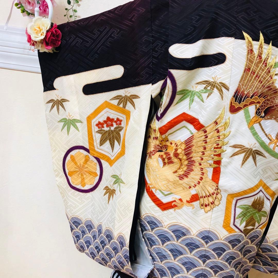 七五三 五歳‼️鷹 荒波 金彩❤️深紫にクリーム系 完全フルセット‼️家から揃える無し