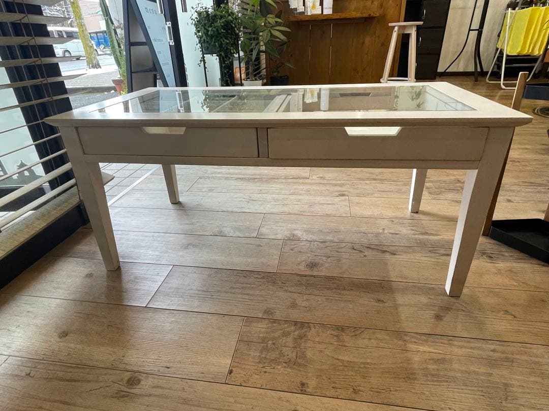 ホワイト ガラステーブル 引き出し付き