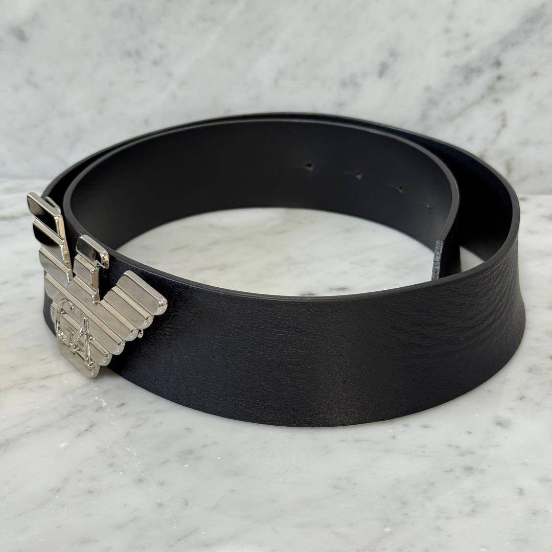 美品 EMPORIO ARMANI アルマーニ ベルト 太幅 銀 本革 イタリア