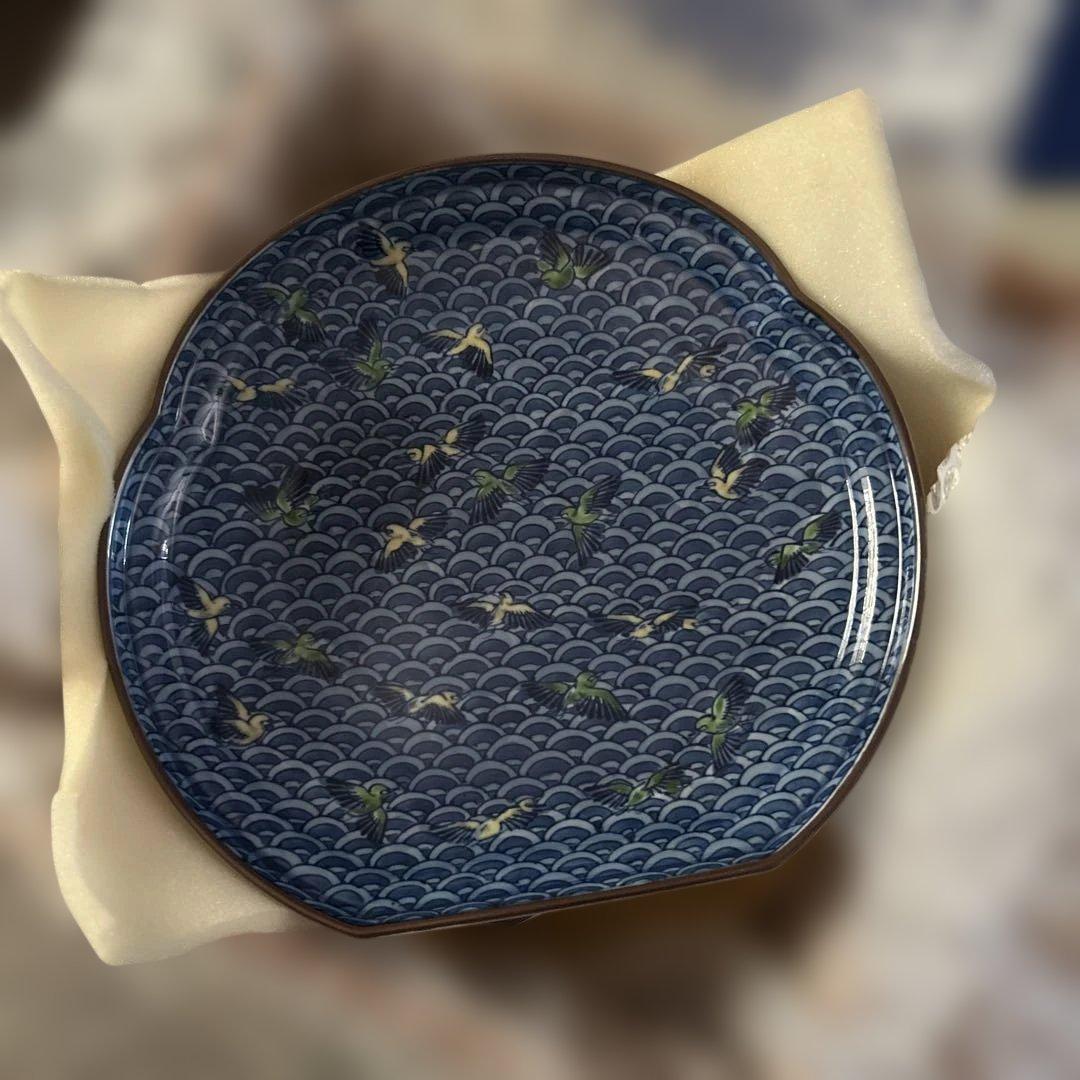 美品　源右衛門　青色波模様皿 5枚セット　幅約18cm