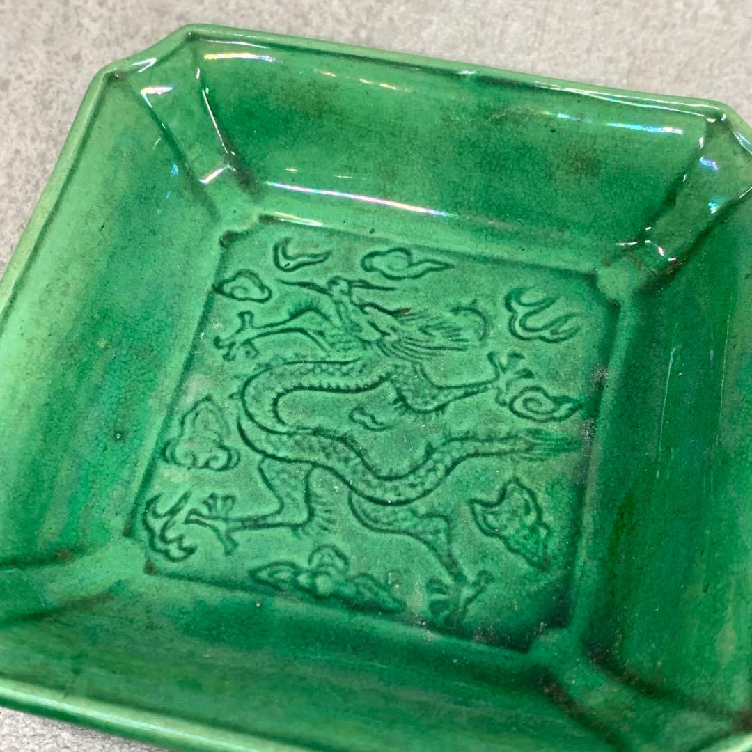 小皿5点 珉平焼 角皿 龍 淡路 人気 タイルグリーン 古皿 手塩皿 緑 翠
