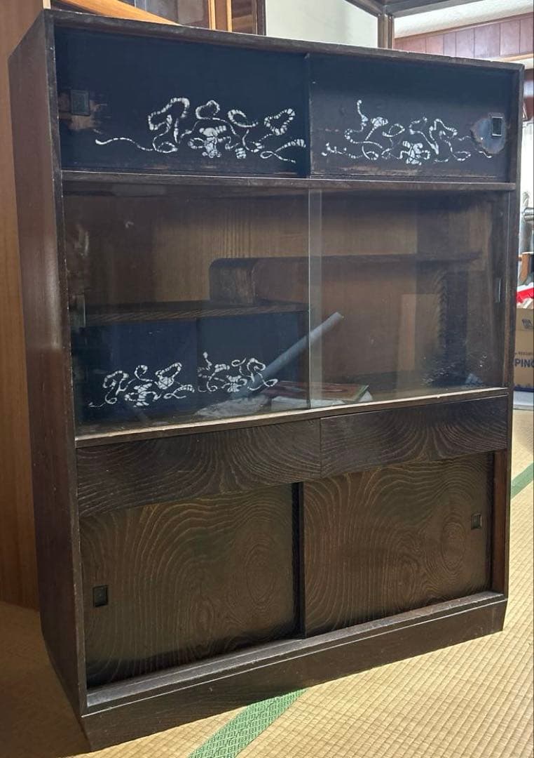 長期保管品 茶箪笥 茶タンス 木製 ガラス ビンテージ アンティーク 昭和レトロ