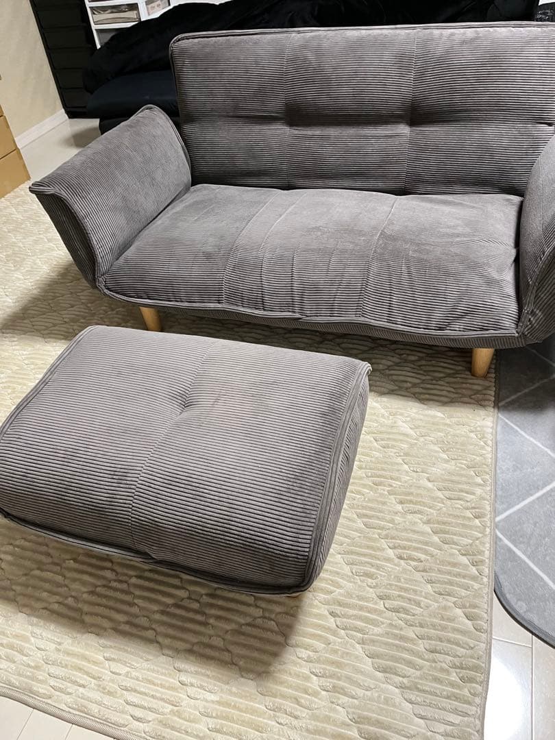 日本製 リクライニング2人掛けソファ+オットマン（チャコールグレー）