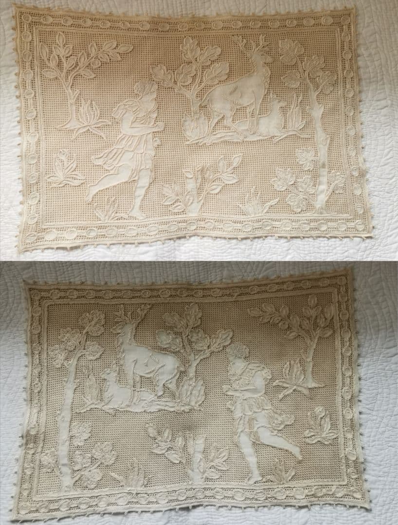アンティークイタリア ブラットレース刺繍マット 森林の女神と鹿 狩りの神話 古典