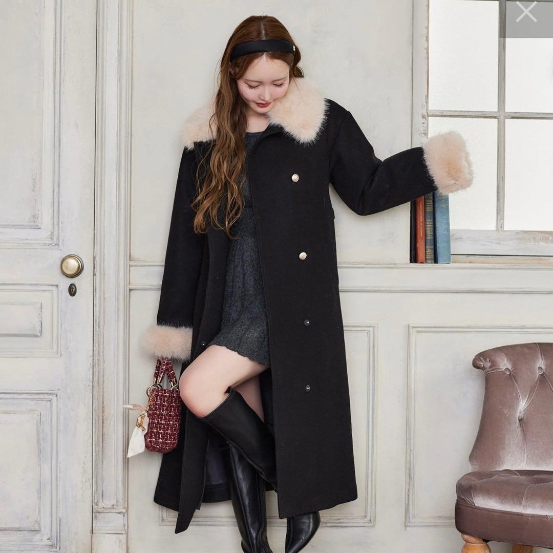 NICE CLAUP ナイスクラップ ファー付きダブルブレストロングコート