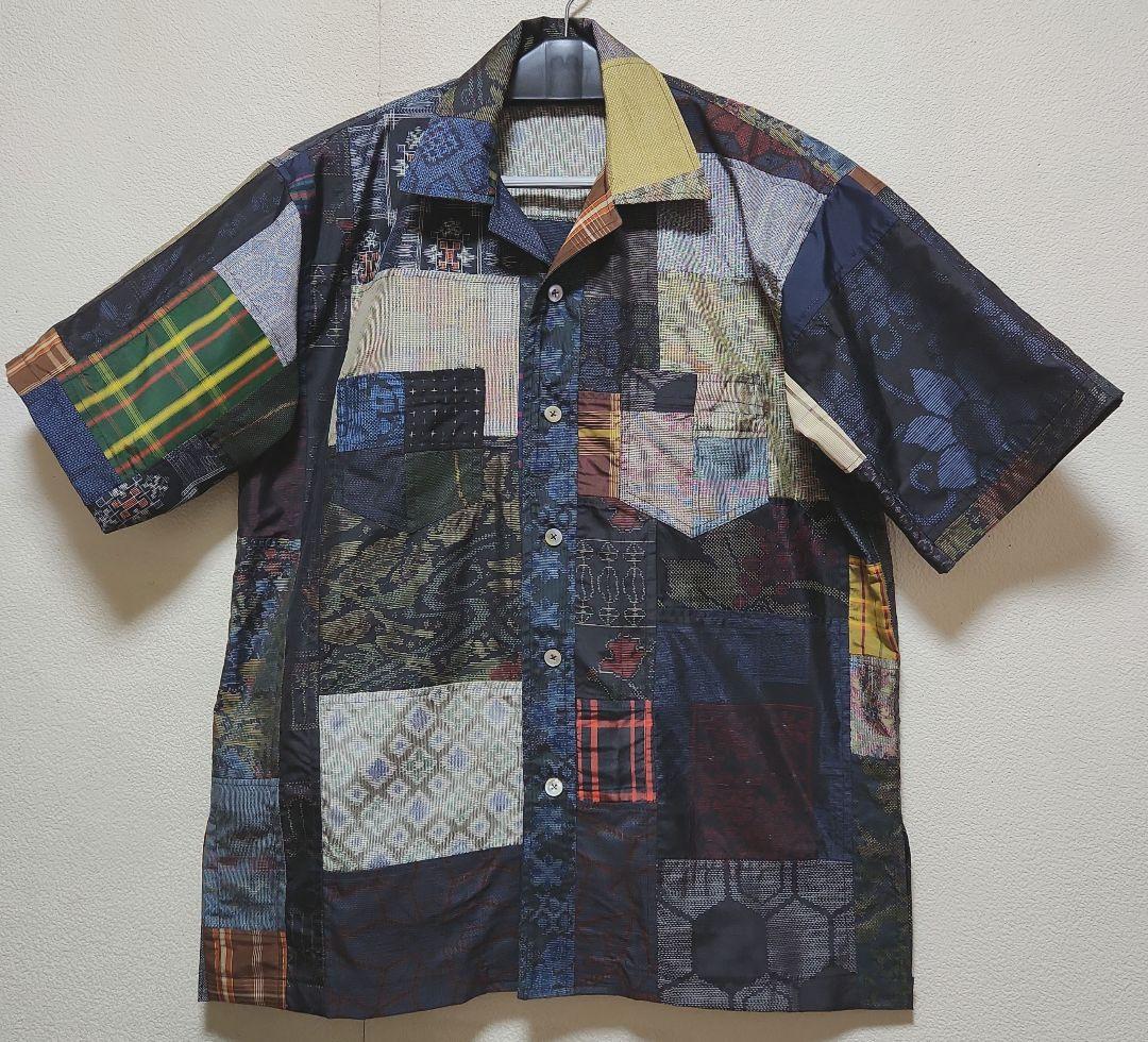 正絹大島紬総パッチワークオプ－ンシャツLsize