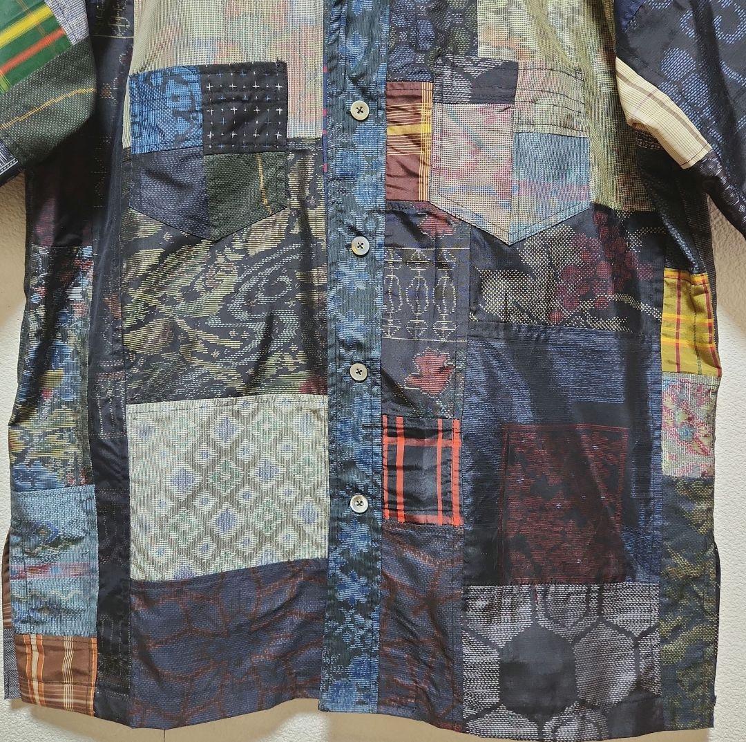 正絹大島紬総パッチワークオプ－ンシャツLsize