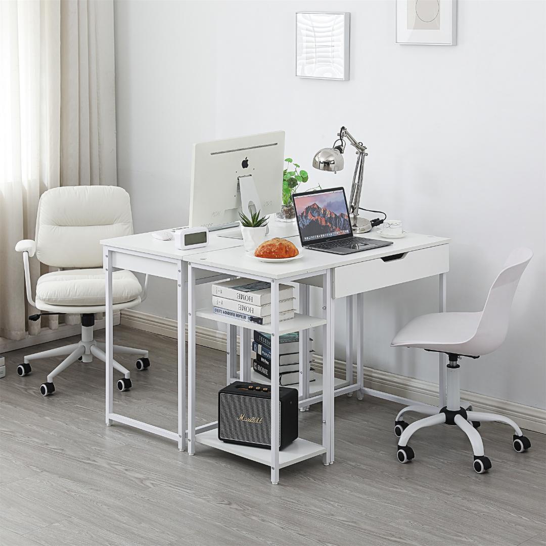 【人気商品】【ホワイト】パソコンデスク引き出し付き収納ラック付き木製書斎机学習机