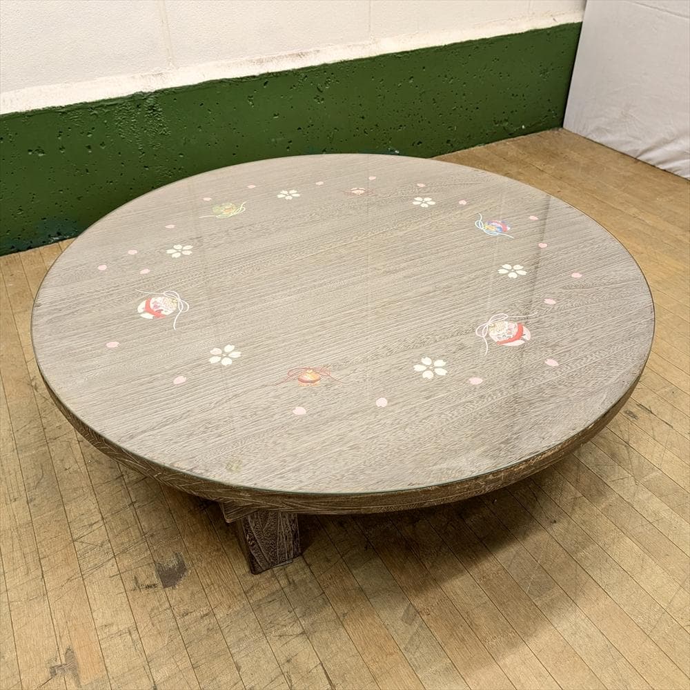 箱長　総桐　木目込み細工　鈴　桜　ガラス付き　折り畳み　座卓　円卓　座敷机　食卓