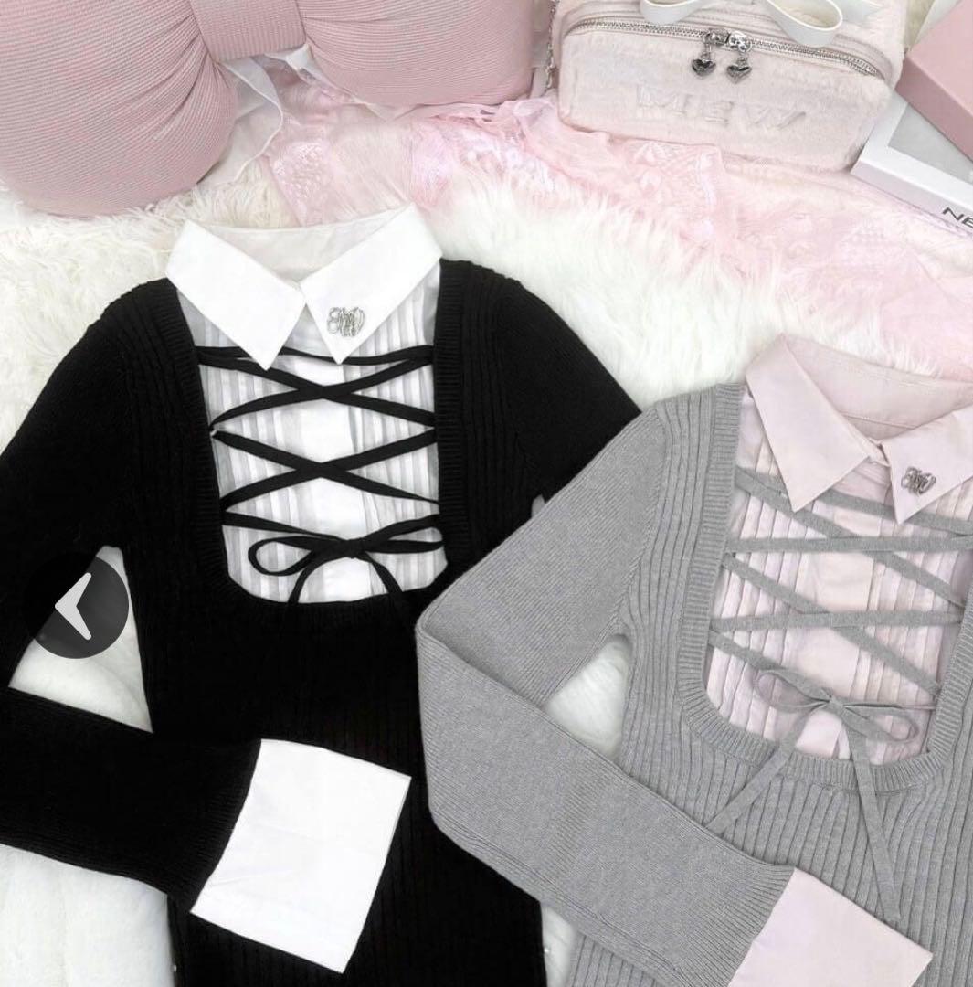 l*2様 HONEY MEW レースアップドッキングトップス ブラック×白ブラウ