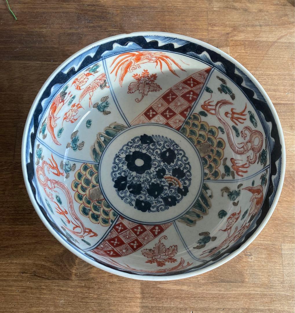 古伊万里の赤絵 鉢 直径約22cm 幕末 骨董品 龍、鳳凰 鶴等