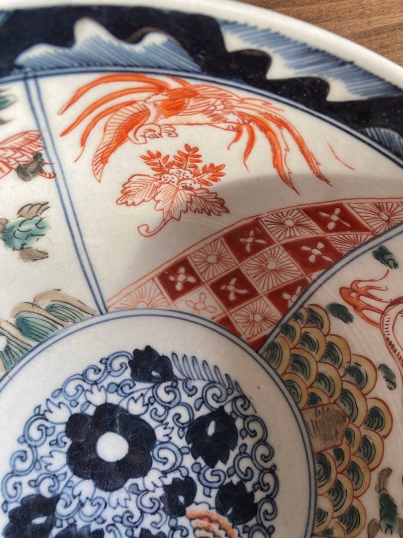 古伊万里の赤絵 鉢 直径約22cm 幕末 骨董品 龍、鳳凰 鶴等